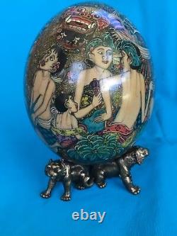 Master piece Hand Painted Ostrich Egg from Bali with Heavy Animal Pewter Stand