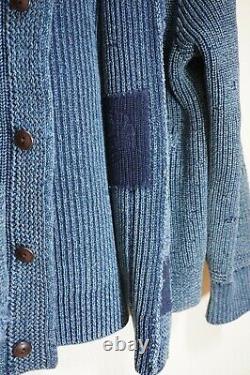 New $790 Rrl Indigo Navy Patch Work Heavy Cotton Shawl Cardigan Repaired