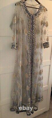 New Grey Net Gown 3 piece set with heavy hand embroidery in silver & gold-small