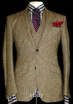 New Mens Walker Slater Heavy Weight Tan Brown Tweed 3 Piece Suit 38r W32 X L32