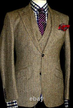 New Mens Walker Slater Heavy Weight Tan Brown Tweed 3 Piece Suit 38r W32 X L32