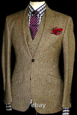 New Mens Walker Slater Heavy Weight Tan Brown Tweed 3 Piece Suit 38r W32 X L32