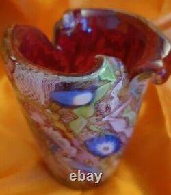 Rare Vintage Murano Ruby Red Heavy Piece Of Millefiori Scrambled Cane Art Glass