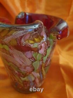 Rare Vintage Murano Ruby Red Heavy Piece Of Millefiori Scrambled Cane Art Glass