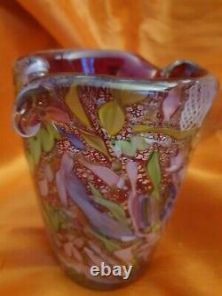 Rare Vintage Murano Ruby Red Heavy Piece Of Millefiori Scrambled Cane Art Glass