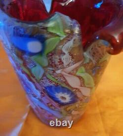 Rare Vintage Murano Ruby Red Heavy Piece Of Millefiori Scrambled Cane Art Glass