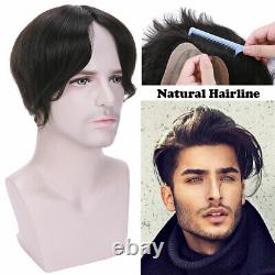 Replacement System Men Toupee 100% Remy Human Hair Piece Wig Black Silk+PU H1318