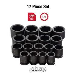 Sunex 4683, 3/4 Inch Drive Heavy Duty Impact Socket Set, 17-Piece, SAE