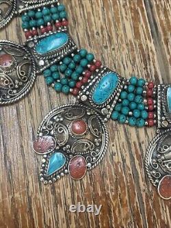 Tibetan Handcrafted Silver Turquoise Coral Choker/bib Statement Piece Heavy