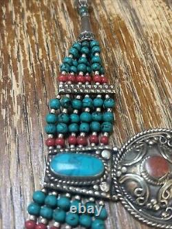 Tibetan Handcrafted Silver Turquoise Coral Choker/bib Statement Piece Heavy