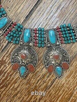 Tibetan Handcrafted Silver Turquoise Coral Choker/bib Statement Piece Heavy