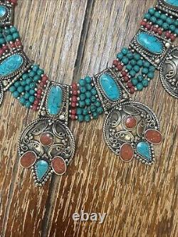 Tibetan Handcrafted Silver Turquoise Coral Choker/bib Statement Piece Heavy