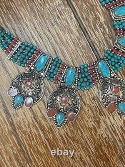 Tibetan Handcrafted Silver Turquoise Coral Choker/bib Statement Piece Heavy