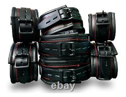 Unisex 7 Pieces Real Leather Heavy Duty Bondage Restraints Black with Red Thread