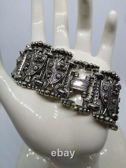 Vintage 3D King Queen Castle Chess Pieces Silver tone HEAVY Bracelet HTF selro