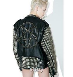 Women Black Full Studded Sleeves Heavy Metal Star Patch Brando Leather Jacket