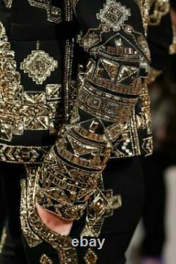 Women Custom Made Two Piece Heavy Hand Embellished Black Velvet Front Open Suit