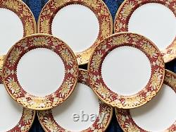 8 x Nouvelles assiettes latérales en porcelaine De Lamerie lourdement dorées avec des cloches florales bourgogne 6.25'