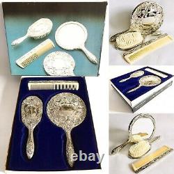 Boxed Vintage 1960 Lourd 3 Pièces En Argent Plaqué Brosse, Miroir Et Peigne Vanity