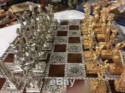 Brass Égyptien Jeu D'échecs Lourd Et Mère Et De La Carte Perle Bois Made In Egy