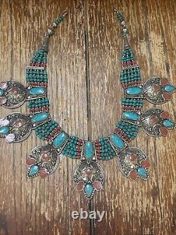 Choker/bib en argent fait main tibétain avec turquoise et corail, pièce statement lourde