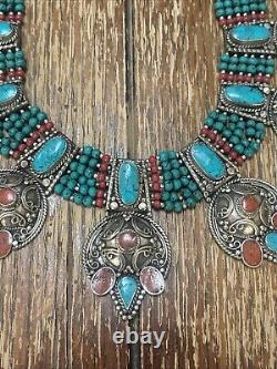 Choker/bib en argent fait main tibétain avec turquoise et corail, pièce statement lourde