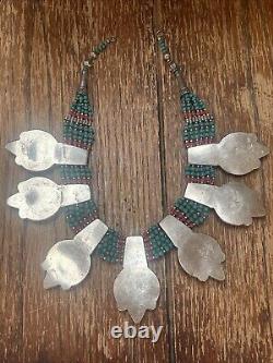 Choker/bib en argent fait main tibétain avec turquoise et corail, pièce statement lourde