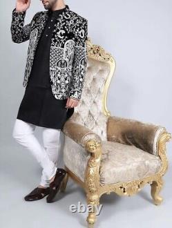 Costume de Jodhpuri avec broderie lourde en paillettes de style ethnique indien avec Kurta Pajama pour hommes lors d'un mariage