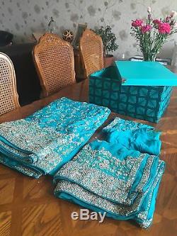 Engagement De Mariée Indienne De Mariage Sari Bleu Vert Turquoise 3 Piece Dupatta Lourd