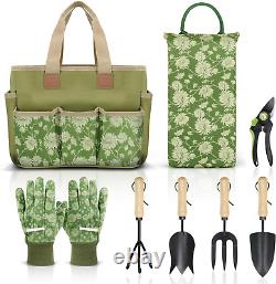 Ensemble de 8 outils de jardinage robustes avec manche en bois, sac de transport, coussin de genou, gants et sécateur.