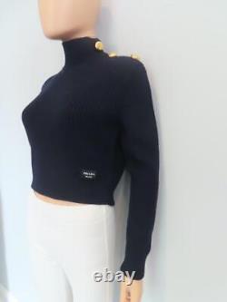 NWT PRADA Pull col roulé en tricot lourd marine avec boutons dorés 36/US 0 2 150 $