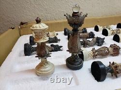 Plateau d'échecs en acanthe avec pièces dans leur boîte d'origine, plateau en résine (lourd)