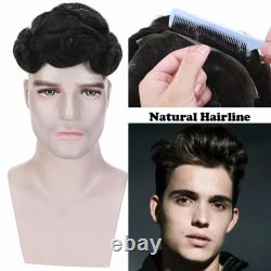 Système de remplacement capillaire en cheveux humains pour perruque masculine avec boucle en V, peau fine et pièce frontale naturelle